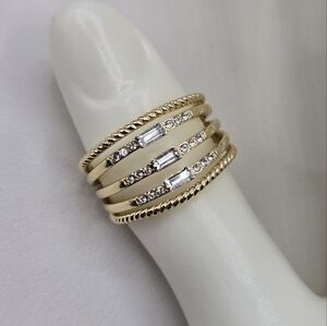 Swarovski Crystal Elements Gold Statement Ring Size 8.5 Multi-Row Prom Bridal